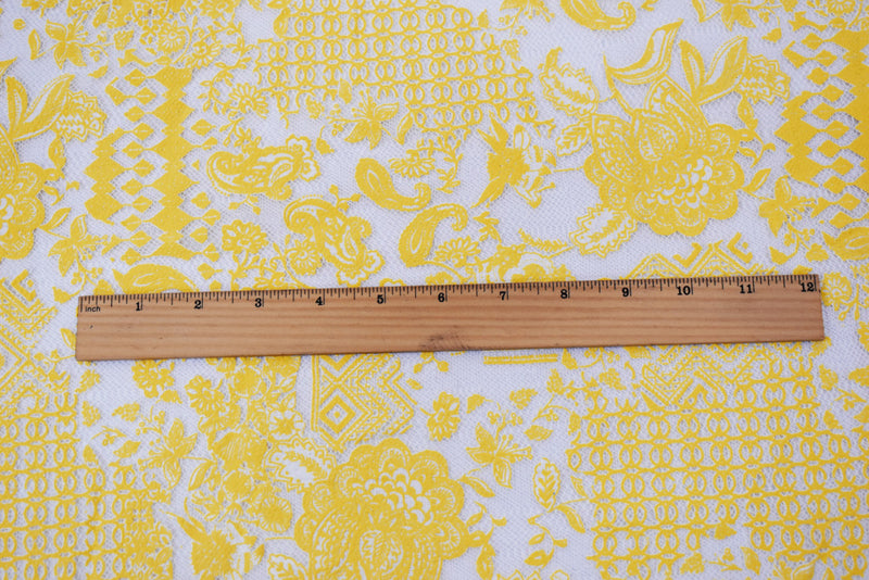 White-Yellow Cotton Nylon Floral Multi Pattern Printed Crochet Lace Knit Fabric