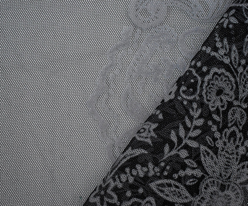 Black-White Nylon Floral Border Scallop Printed Mesh Tulle Knit Fabric