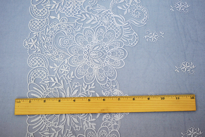 Blue-White Nylon Floral Border Printed Mesh Tulle Knit Fabric