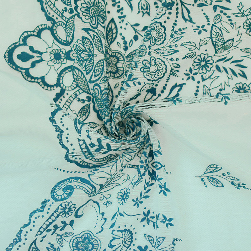 Light Blue-Teal Nylon Floral Border Scallop Printed Mesh Tulle Knit Fabric