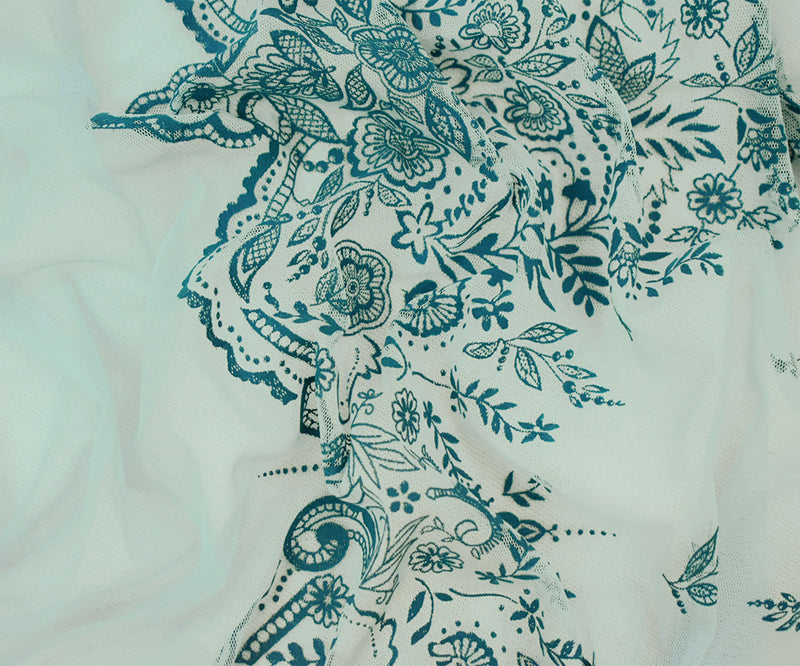 Light Blue-Teal Nylon Floral Border Scallop Printed Mesh Tulle Knit Fabric