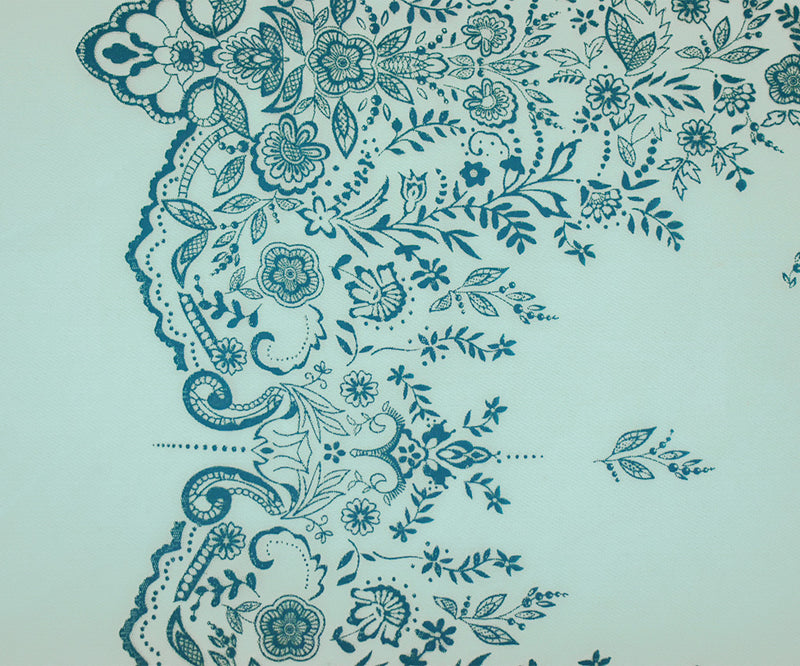 Light Blue-Teal Nylon Floral Border Scallop Printed Mesh Tulle Knit Fabric