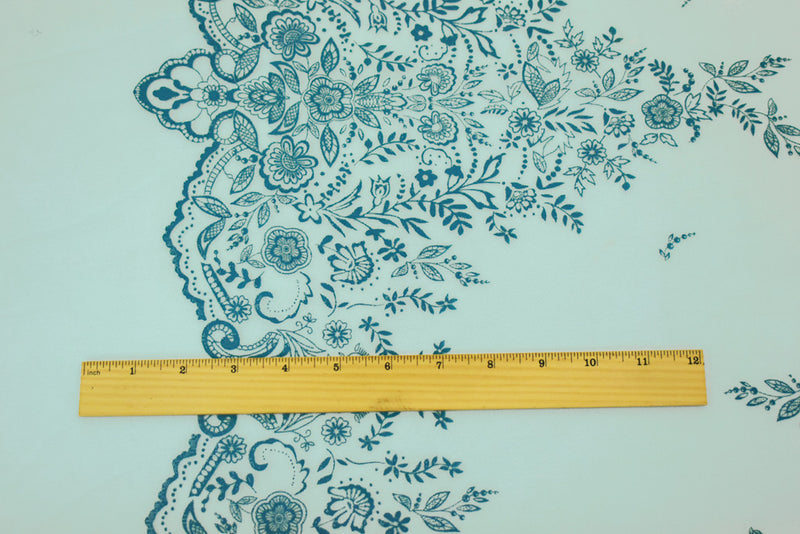 Light Blue-Teal Nylon Floral Border Scallop Printed Mesh Tulle Knit Fabric