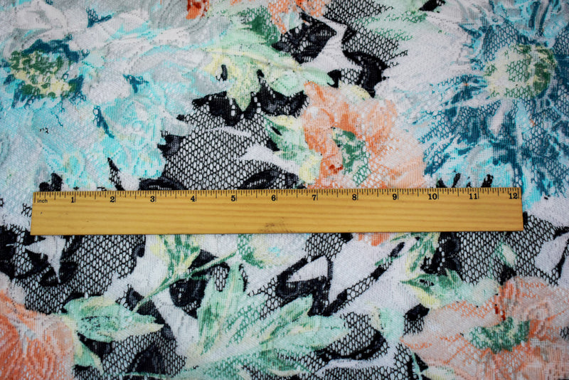 Black-Orange-Multi  Nylon Floral Printed Lace Mesh Knit Fabric