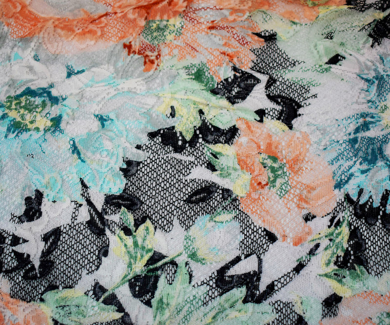 Black-Orange-Multi  Nylon Floral Printed Lace Mesh Knit Fabric