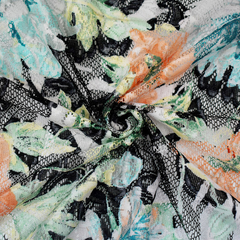 Black-Orange-Multi  Nylon Floral Printed Lace Mesh Knit Fabric