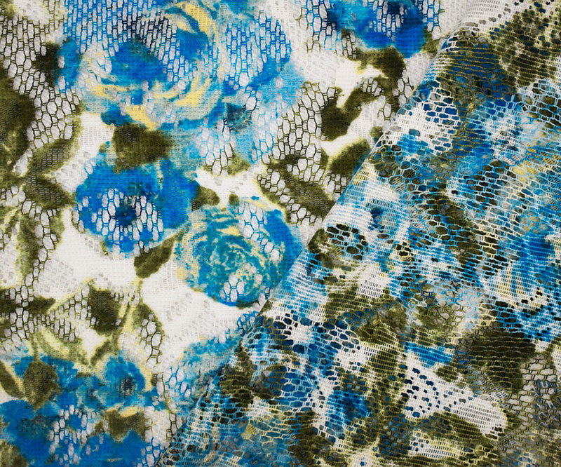 Blue-Green-Multi Poly Nylon Floral Printed Crochet Lace Mesh Knit Fabric
