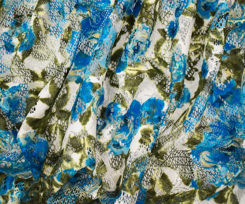 Blue-Green-Multi Poly Nylon Floral Printed Crochet Lace Mesh Knit Fabric