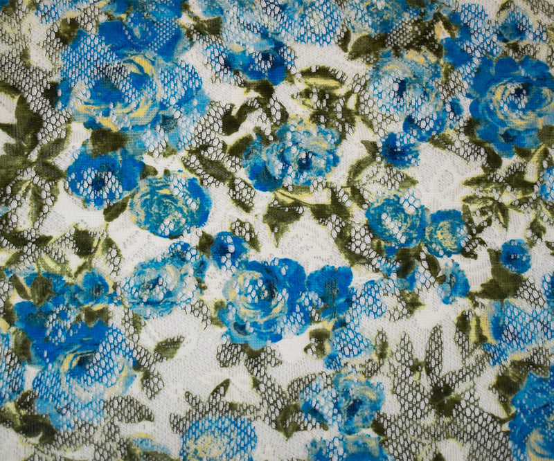 Blue-Green-Multi Poly Nylon Floral Printed Crochet Lace Mesh Knit Fabric