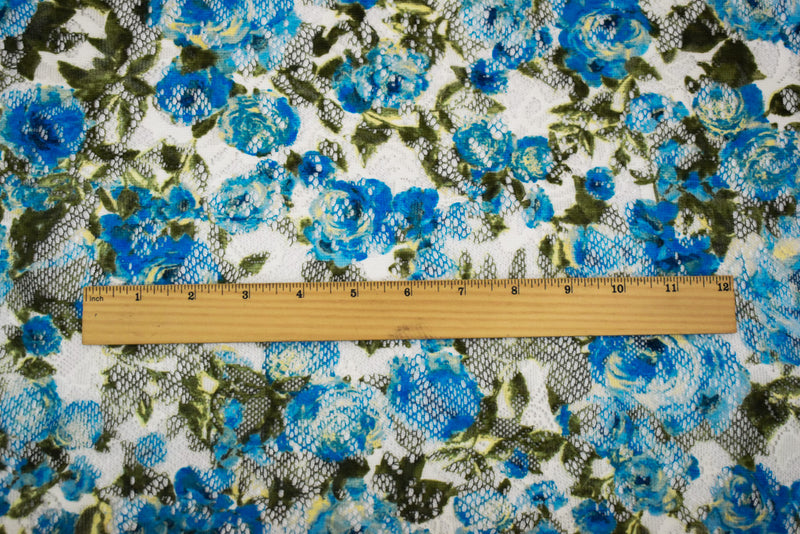 Blue-Green-Multi Poly Nylon Floral Printed Crochet Lace Mesh Knit Fabric