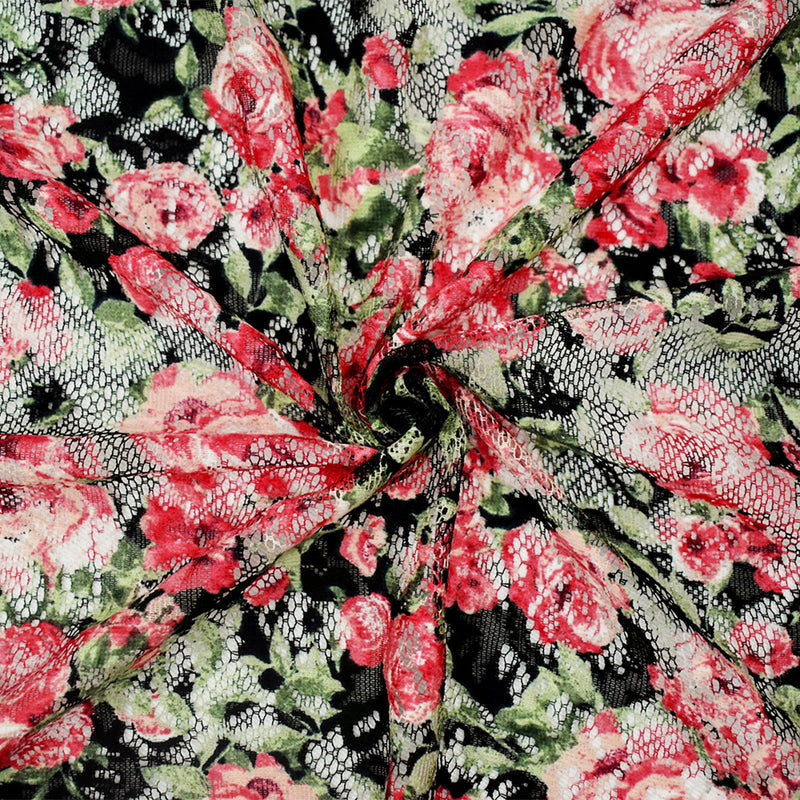 4 YD PC-Red-Green-Multi Poly Rayon Floral Printed Crochet Lace Knit Fabric