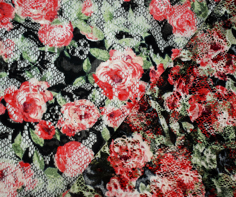 Red-Green-Multi Poly Rayon Floral Printed Crochet Lace Knit Fabric