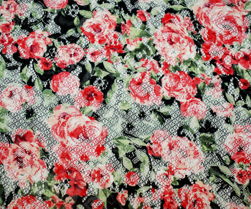 Red-Green-Multi Poly Rayon Floral Printed Crochet Lace Knit Fabric