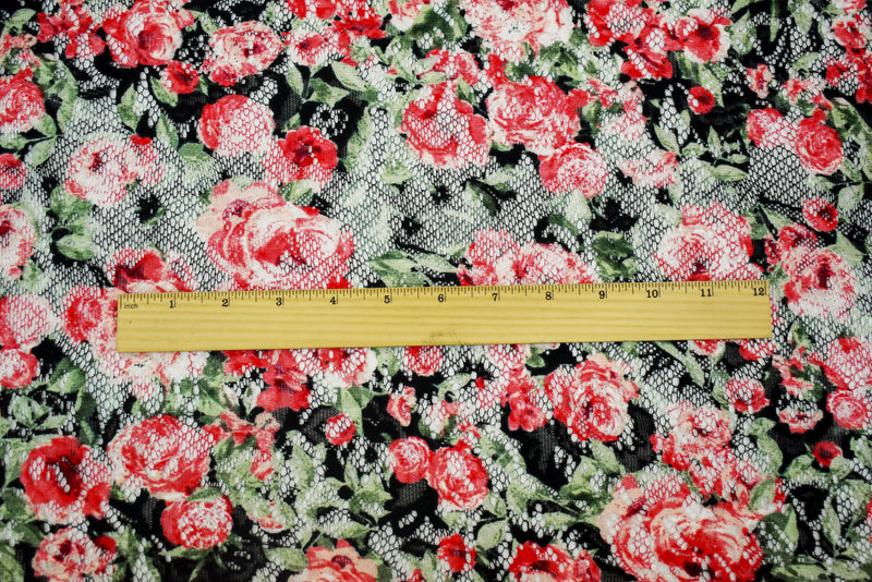 Red-Green-Multi Poly Rayon Floral Printed Crochet Lace Knit Fabric