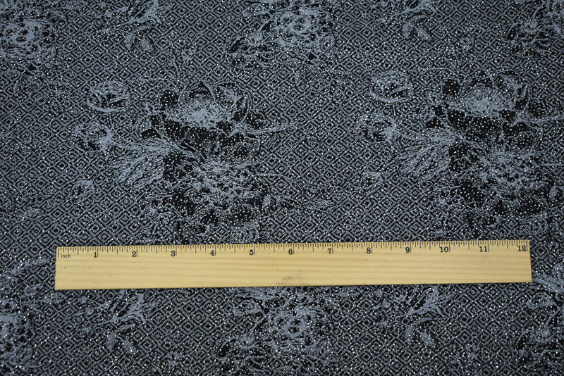 Black-Gray-Silver Rayon Blend Stretch Floral Diamond Bengaline Jacquard Fabric