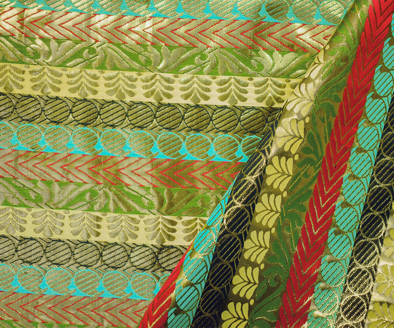 Metallic Gold-Red-Multi Stripe Pillar Jacquard Brocade Woven Fabric