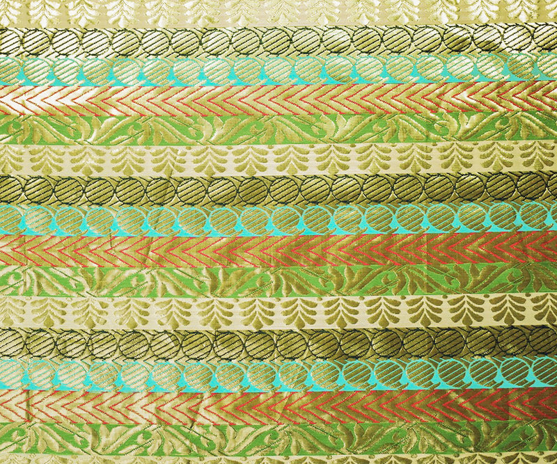 Metallic Gold-Red-Multi Stripe Pillar Jacquard Brocade Woven Fabric