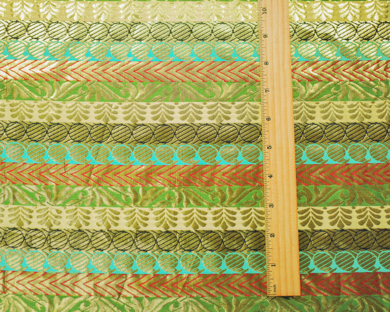 Metallic Gold-Red-Multi Stripe Pillar Jacquard Brocade Woven Fabric