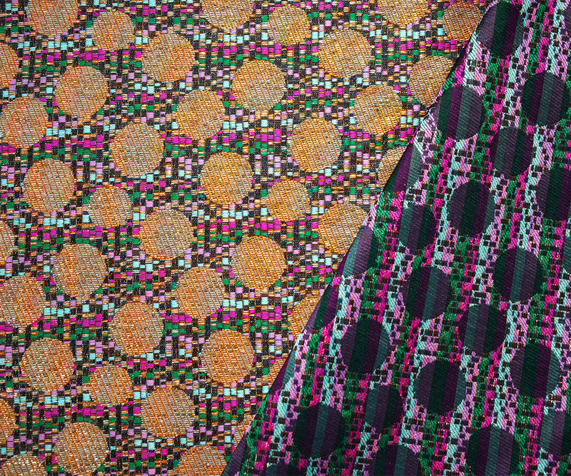 Pink-Gold-Multi Polyester Circle Stripe Jacquard Brocade Woven Fabric