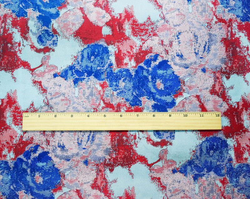 Red-Blue-Multi Polyester Abstract Floral Jacquard Woven Fabric