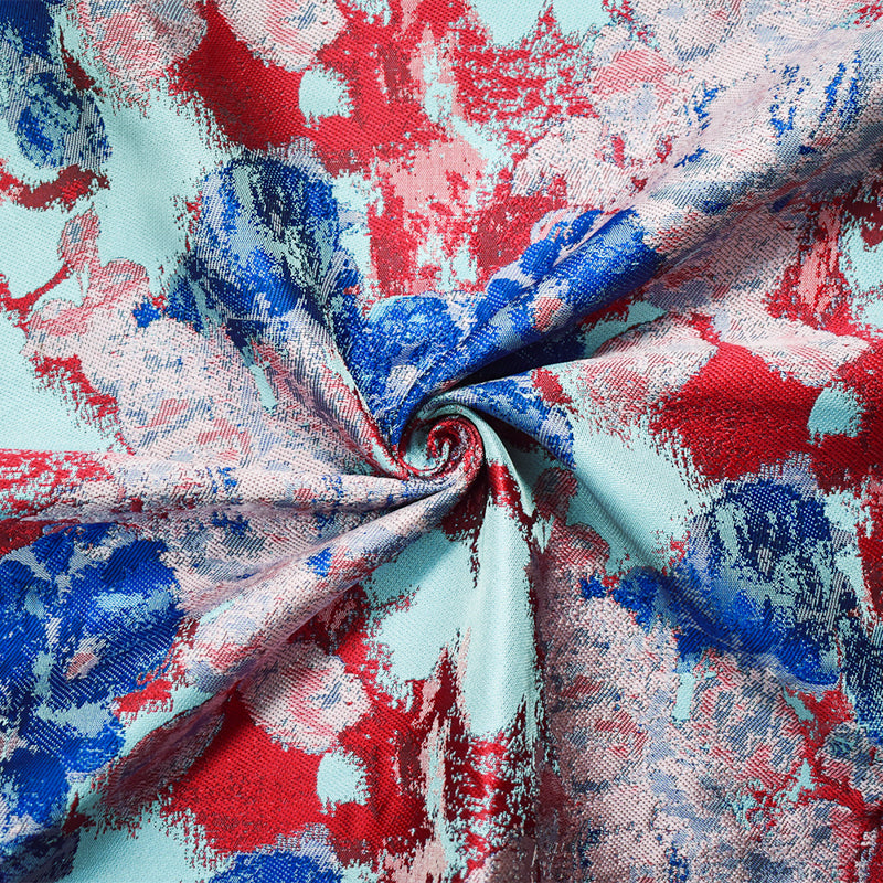 Red-Blue-Multi Polyester Abstract Floral Jacquard Woven Fabric