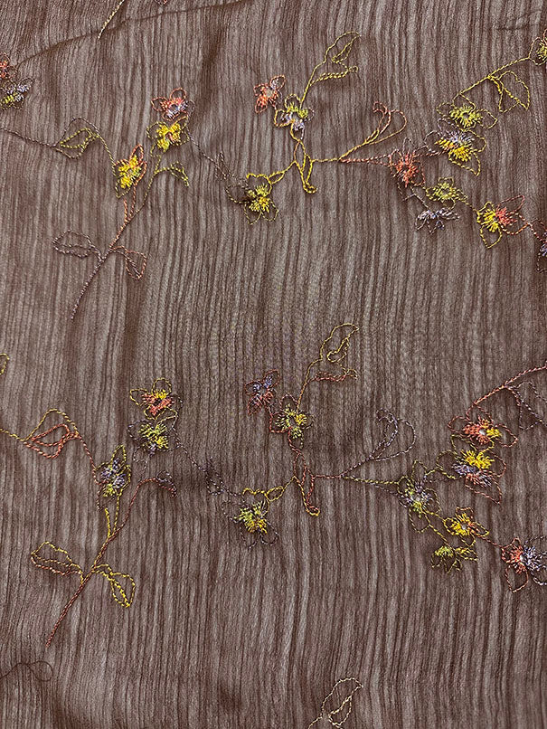 3 YD PC-Brown Embroidered Floral Crinkled Poly Chiffon Fabric