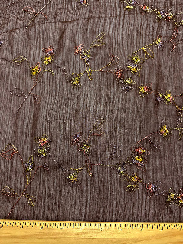 3 YD PC-Brown Embroidered Floral Crinkled Poly Chiffon Fabric