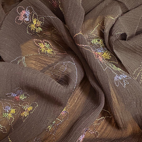 3 YD PC-Brown Embroidered Floral Crinkled Poly Chiffon Fabric