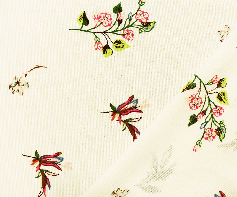 Ivory-Green-Multi Poly Floral Printed Semi-Sheer Striped Dobby Woven Fabric