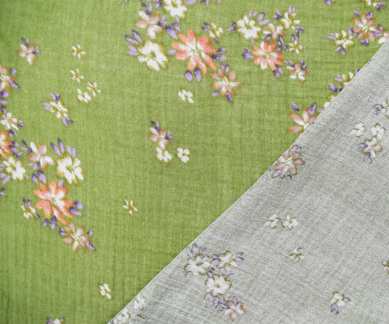 Green-Multi Cotton Floral Printed Crinkled Double Gauze Woven Fabric