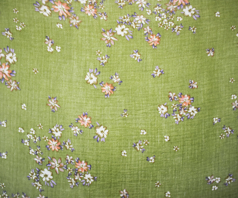 Green-Multi Cotton Floral Printed Crinkled Double Gauze Woven Fabric