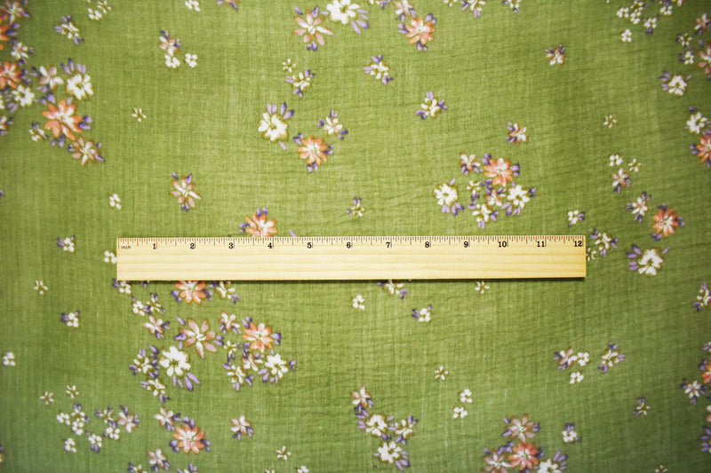 Green-Multi Cotton Floral Printed Crinkled Double Gauze Woven Fabric