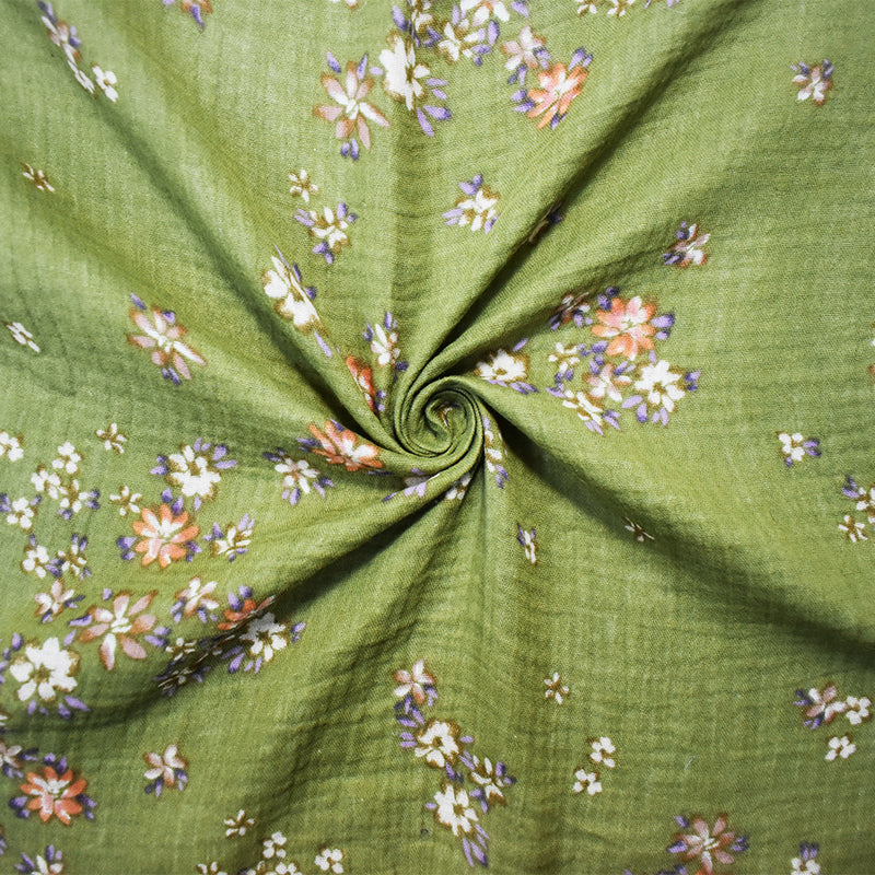 Green-Multi Cotton Floral Printed Crinkled Double Gauze Woven Fabric