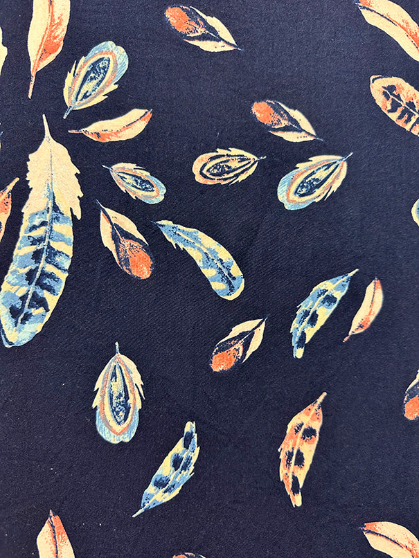 Navy Multi Feather Print Double Brushed Jersey Knit Fabric