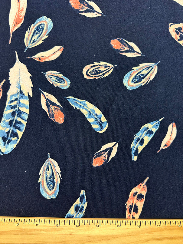 Navy Multi Feather Print Double Brushed Jersey Knit Fabric