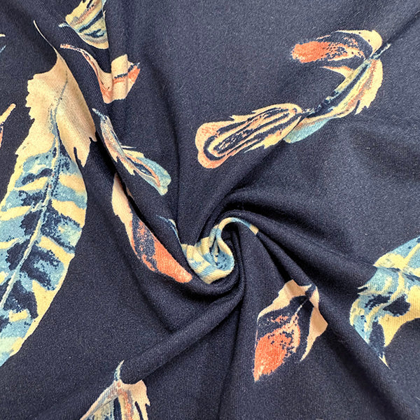 Navy Multi Feather Print Double Brushed Jersey Knit Fabric