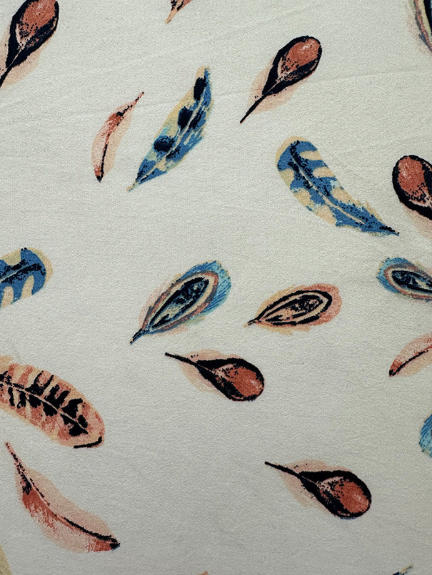 White Multi Feather Print Double Brushed Jersey Knit Fabric