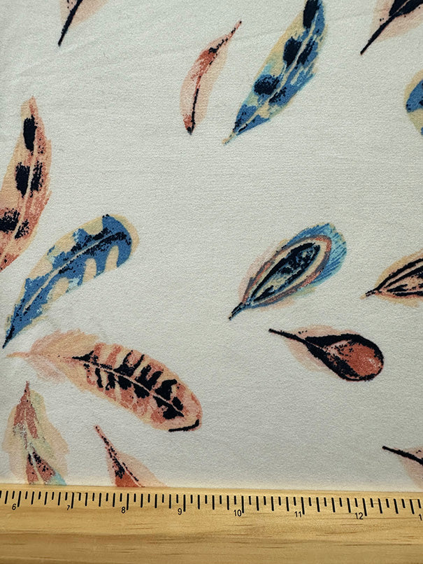 White Multi Feather Print Double Brushed Jersey Knit Fabric