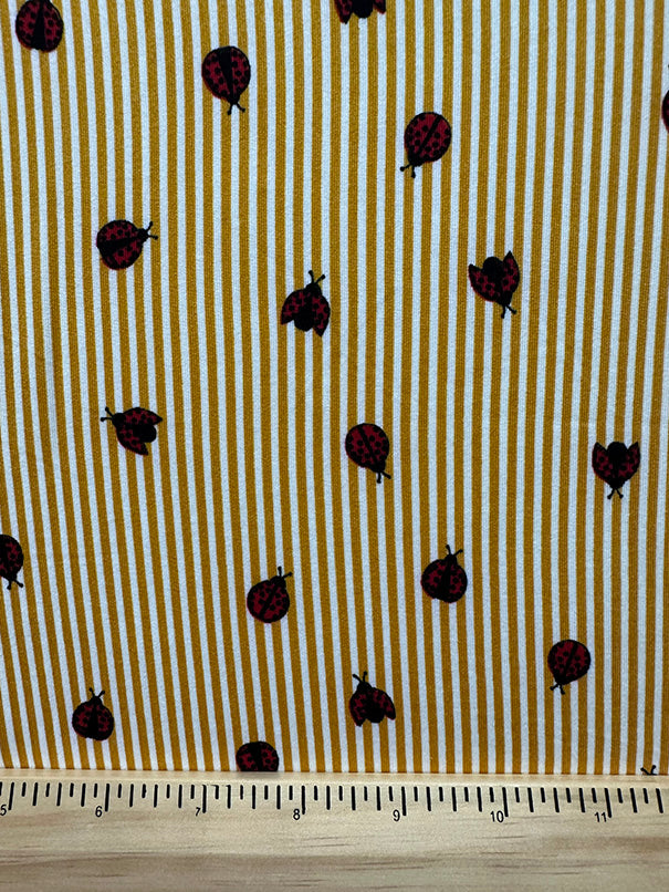 Gold Stripe Ladybug Print Double Brushed Jersey Knit Fabric