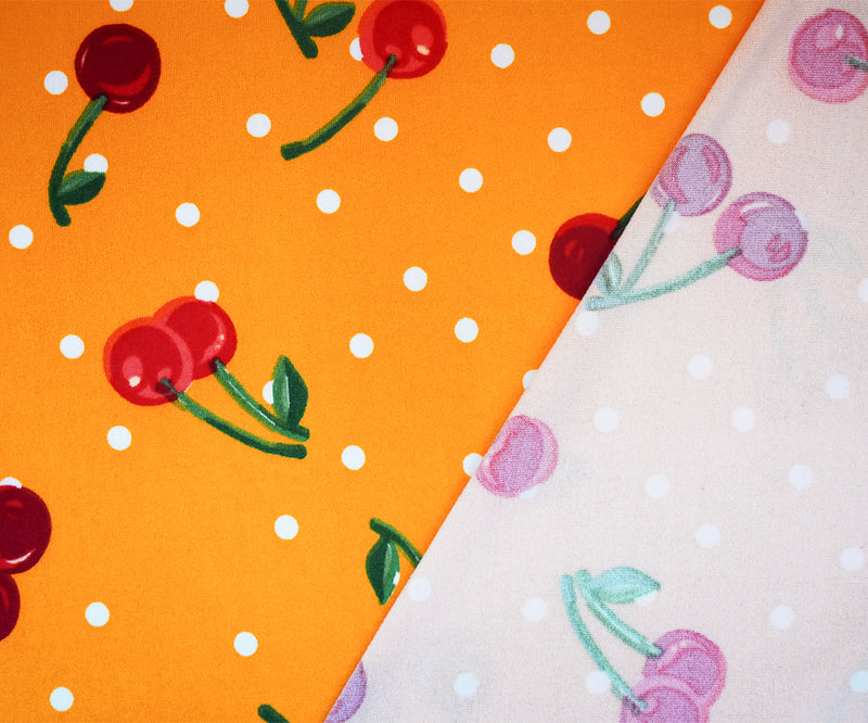 Yellow-Red Cherry Dot Printed Poly Stretch Double Brush Jersey Knit Fabric