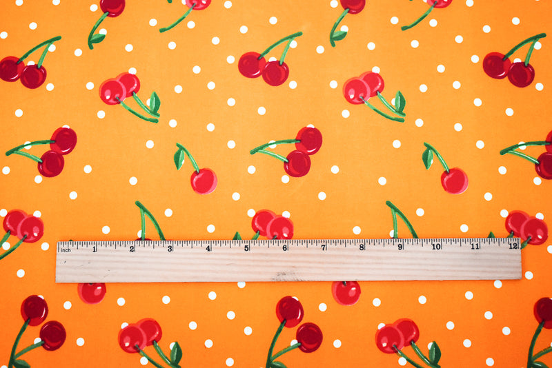 Yellow-Red Cherry Dot Printed Poly Stretch Double Brush Jersey Knit Fabric