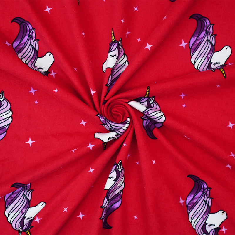 Red-Multi Unicorn Printed Poly Stretch Double Brushed Jersey Knit Fabric