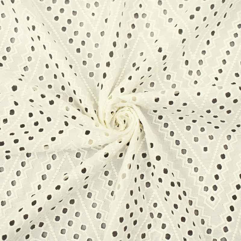 White Cotton Chevron Eyelet Embroidered Batiste Woven Fabric