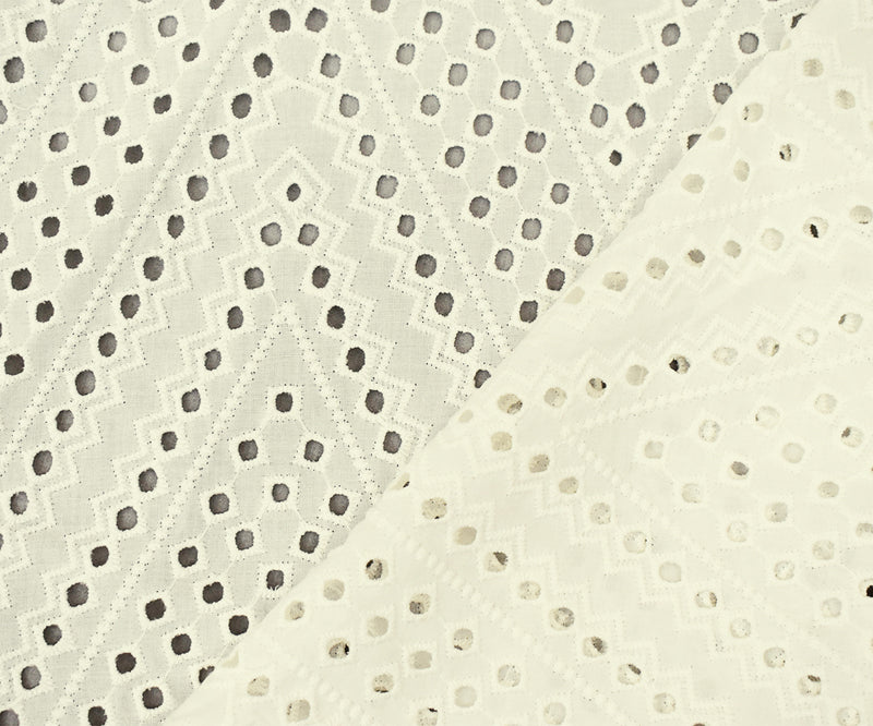 White Cotton Chevron Eyelet Embroidered Batiste Woven Fabric