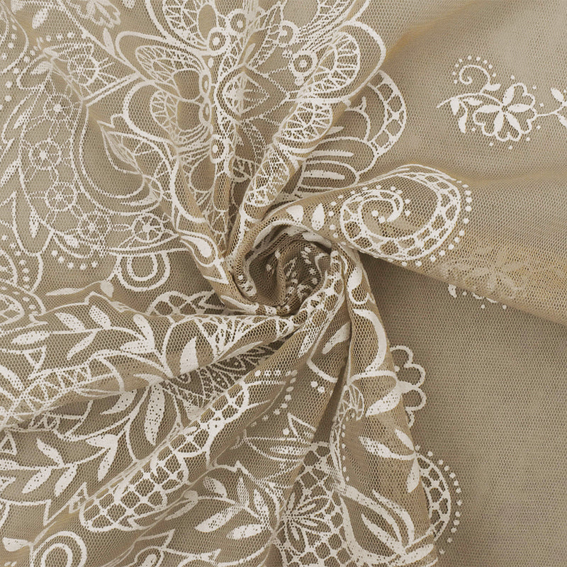 Sand Beige-White Floral Border Printed Nylon Mesh Knit Fabric