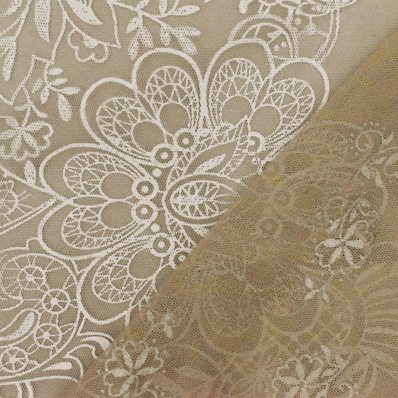 Sand Beige-White Floral Border Printed Nylon Mesh Knit Fabric