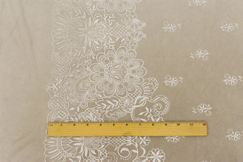 Sand Beige-White Floral Border Printed Nylon Mesh Knit Fabric