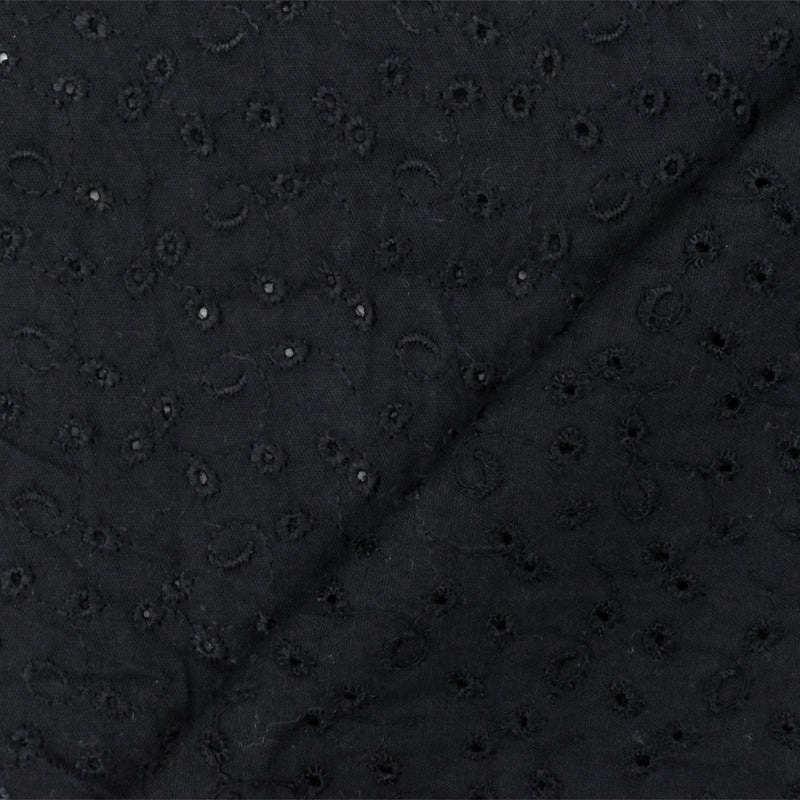 Pitch Black Floral Cotton Embroidered Eyelet Lawn Woven Fabric