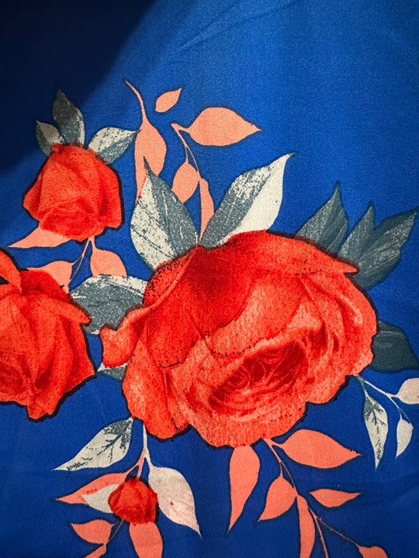 Red Rose Print on Royal Blue Scuba Knit Fabric