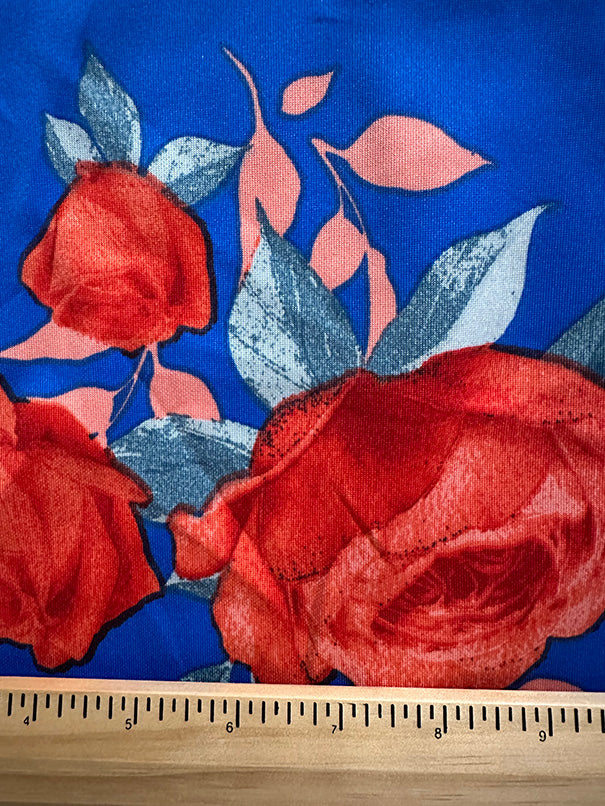 Red Rose Print on Royal Blue Scuba Knit Fabric